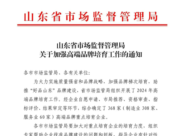 集团入选2024年山东省高端品牌沉点造就企业（服务业）